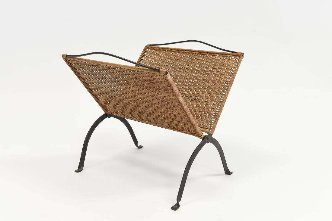 WICKER AND METAL FOLDING MAGAZINE RACK: Dimensions: H 17\\\" x W 19\\\" x D 17\\\"Condition: Wear to metal finish. Finish wear and some small breaks to wicker.