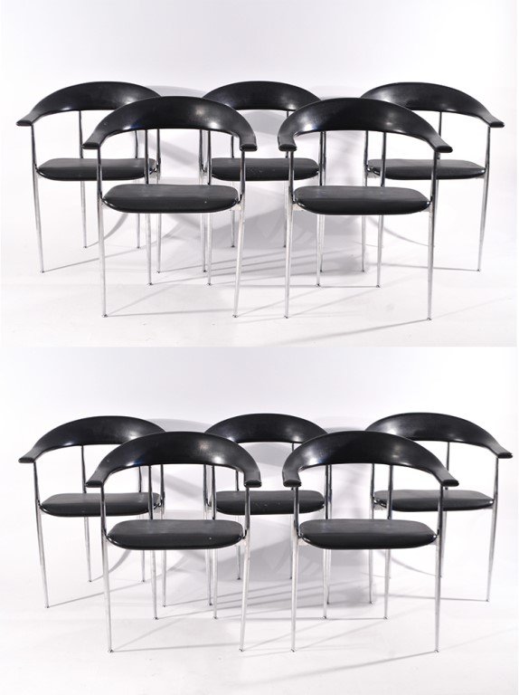 SET OF 10 GIANCARLO VEGNI; FASEM CHAIRS: Made in Italy stickerDimensions: H 30" x W 19" x D 21.5"Condition: Moderate signs of use. Some light scuffs and marks. Some pitting to chrome legs in areas.