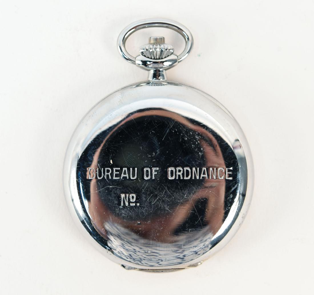 BUREAU OF ORDNANCE STOP WATCH: Dimensions: H 2.5" x W 2" x D .5" Condition: Not tested. Missing glass. Mild surface scratches to case.