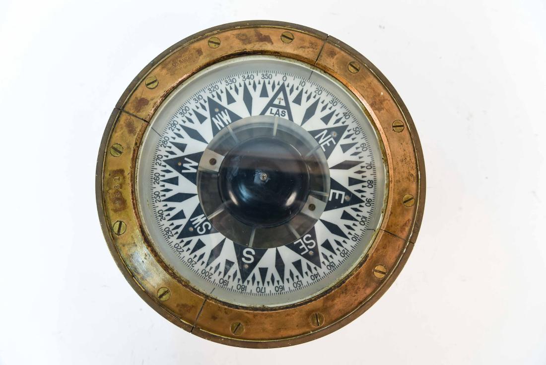 COMPASS: Dimensions: H 5.5" x Dia. 9.75" Condition: Some tarnish to metal.