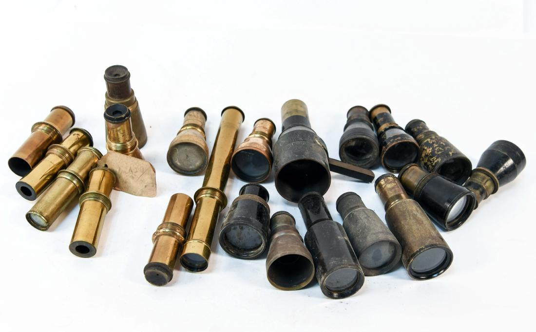 GROUPING OF SEXTANT SCOPES: (21) pieces. Dimensions: (Longest) H 7.5" x Dia. 1" Condition: Varying degrees of finish loss and tarnish.