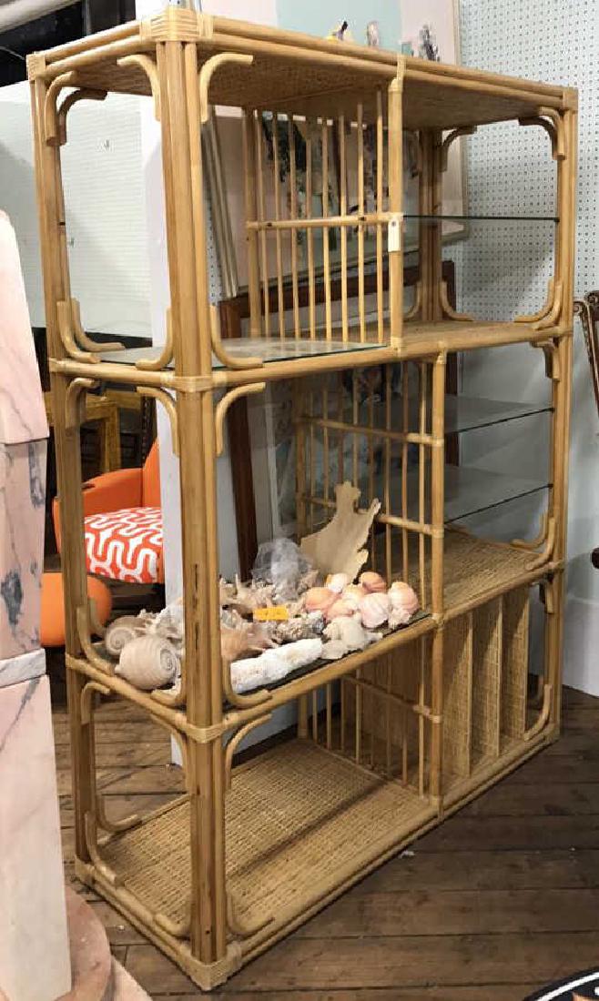 RATTAN ETAGERE: Dimensions: H 75" x W 53.25" x D 20.25" Condition: Missing glass shelf.