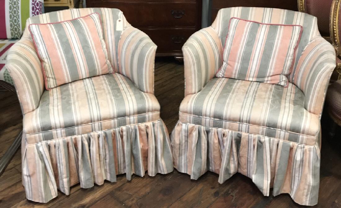 PAIR OF SMALL CLUB CHAIRS: Dimensions: H 30.75" x W 28" x D 25" Condition: Some wear to edges and piping of upholstery. Few small spots to upholstery.