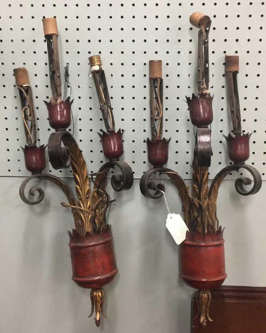 PAIR OF IRON & POLYCHROMED SCONCES: Dimensions: H 28" x W 10.25" x D 6.5" Condition: Need to be rewired. Some tarnish and paint loss.