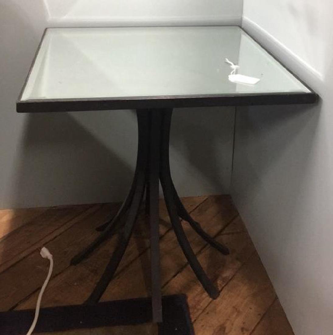 MID CENTURY MIRROR TOPPED CORNER TABLE: Dimensions: H 25.75" x W 24.5" x D 24.5" Condition: Some surface scratches to top. Some finish wear to edges.