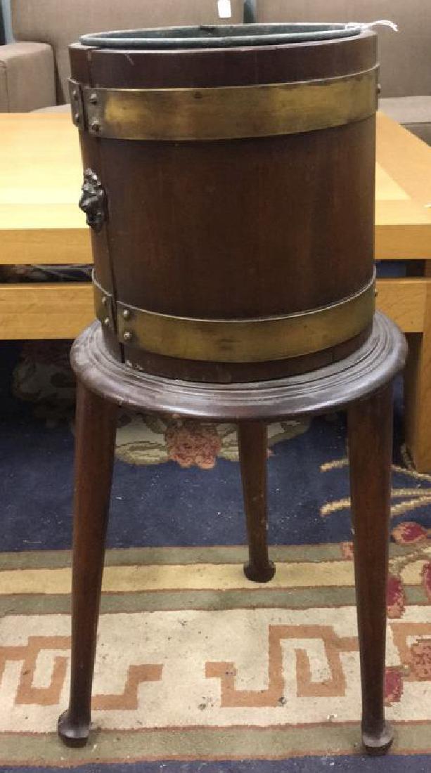 ENGLISH MAHOGANY CELLARETTE: Dimensions: H 29.75" x Dia. 12.25" Condition: Some patina and tarnish to metal. Few dings to wood.
