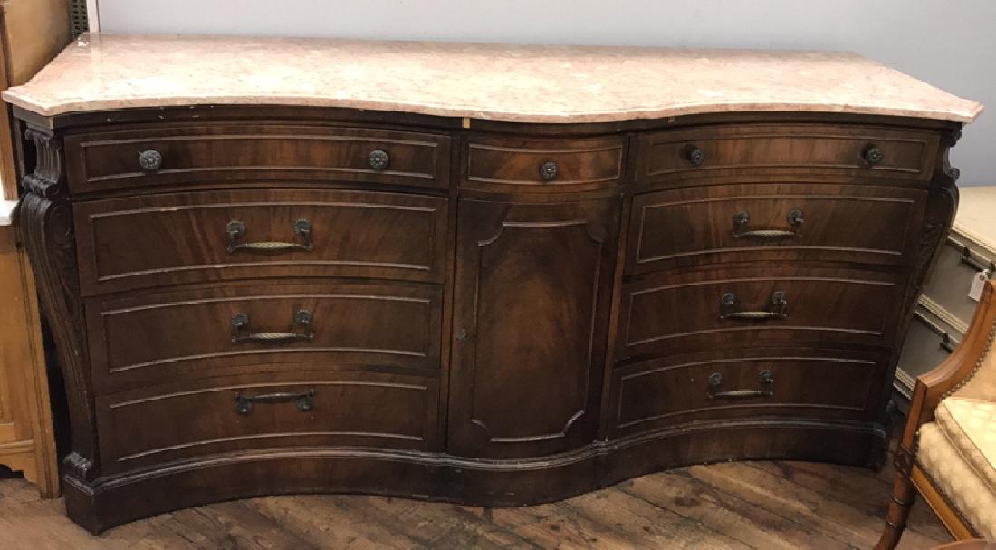 MARBLE TOP SERPENTINE SIDEBOARD CABINET: Dimensions: H 36" x W 76.5" x D 23.25" Condition: Some chipping to back edge of marble. Few nicks and dings. Loss to trim on upper edge of body. Few scuffs to marble.