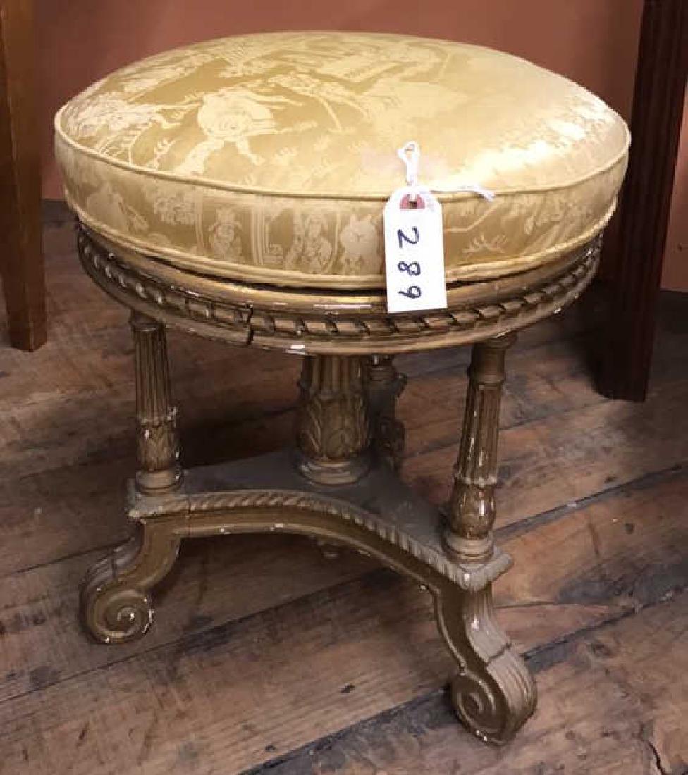 ORNATE AND UPHOLSTERED STOOL: Dimensions: H 19" x Dia. 16.5" Condition: Some chipping to base. Few small spots to upholstery.