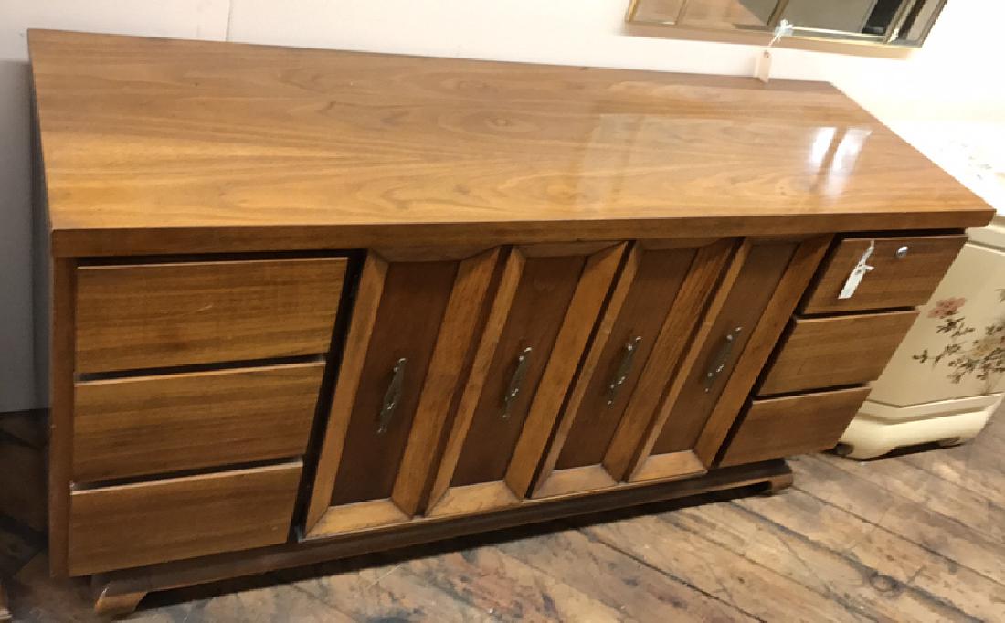 MID CENTURY SIDEBOARD: Dimensions: H 32.5" x W 64" x D 20" Condition: Craquelure to finish. Few nicks and dings to edges. Finish wear. Some surface scratches to top.