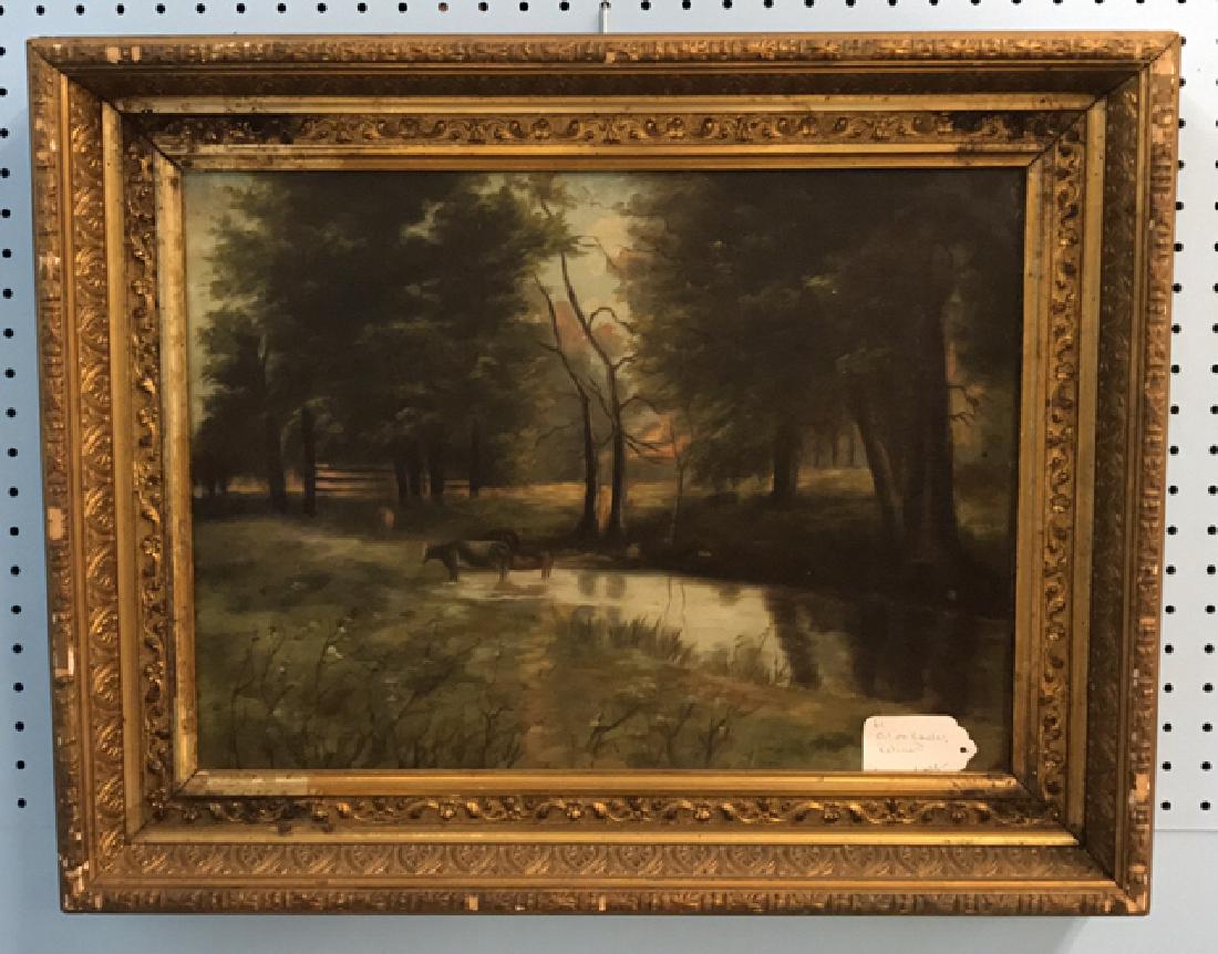 ANTIQUE LANDSCAPE O/C PAINTING W/ COWS (1 of 5)