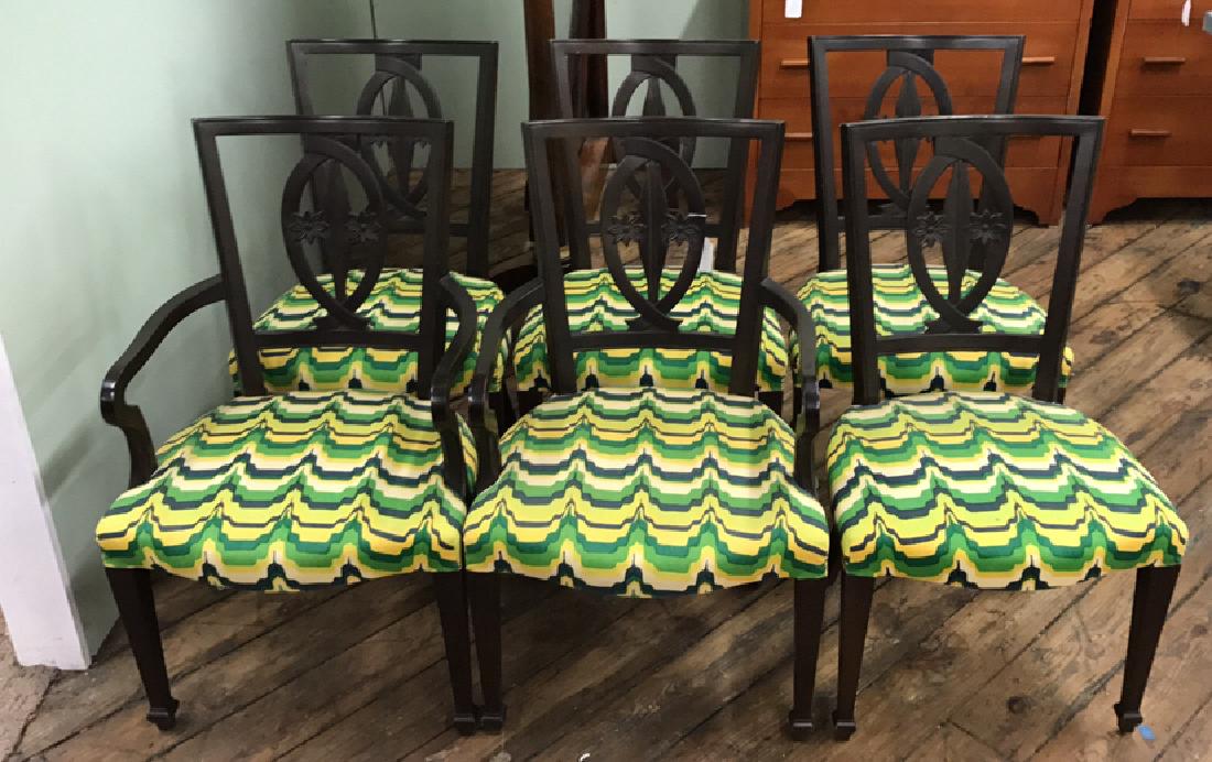 (6) DINING CHAIRS: Dimensions: H 35" x W 19.75" x D 18" Condition: Some finish wear to edges and corners. Some spotting to few areas of upholstery.