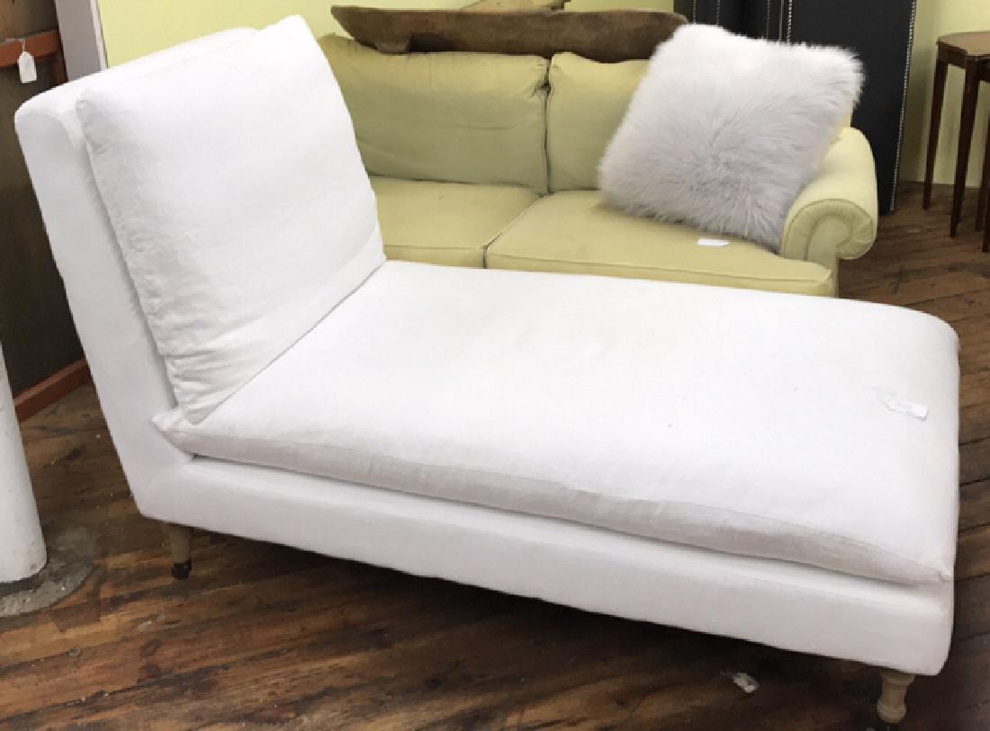 CHAISE LOUNGE: Dimensions: H 37.5" x W 57" x D 31.75" Condition: Few spots to upholstery.