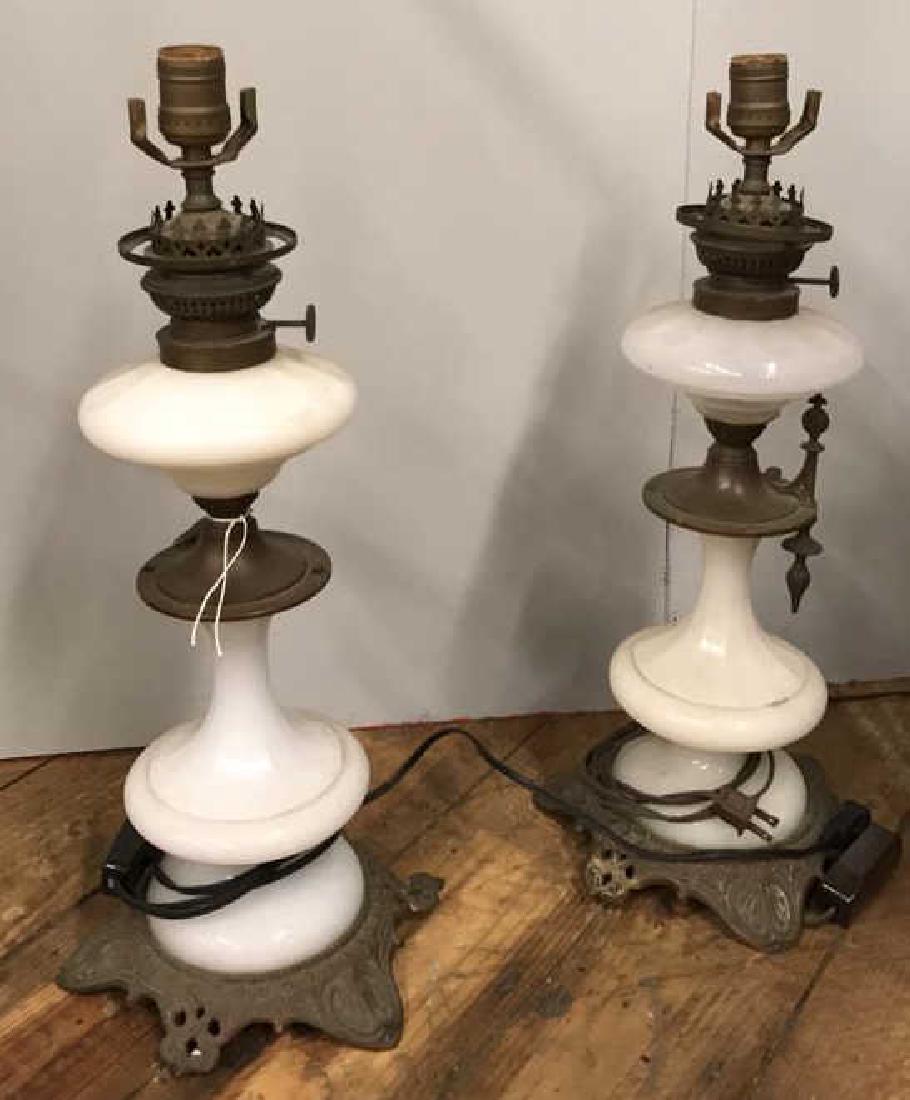 PAIR OF WHITE OPALINE GLASS LAMPS: Dimensions: H 20.75" x W 8.5" x D 8.25" Condition: Not tested. Patina