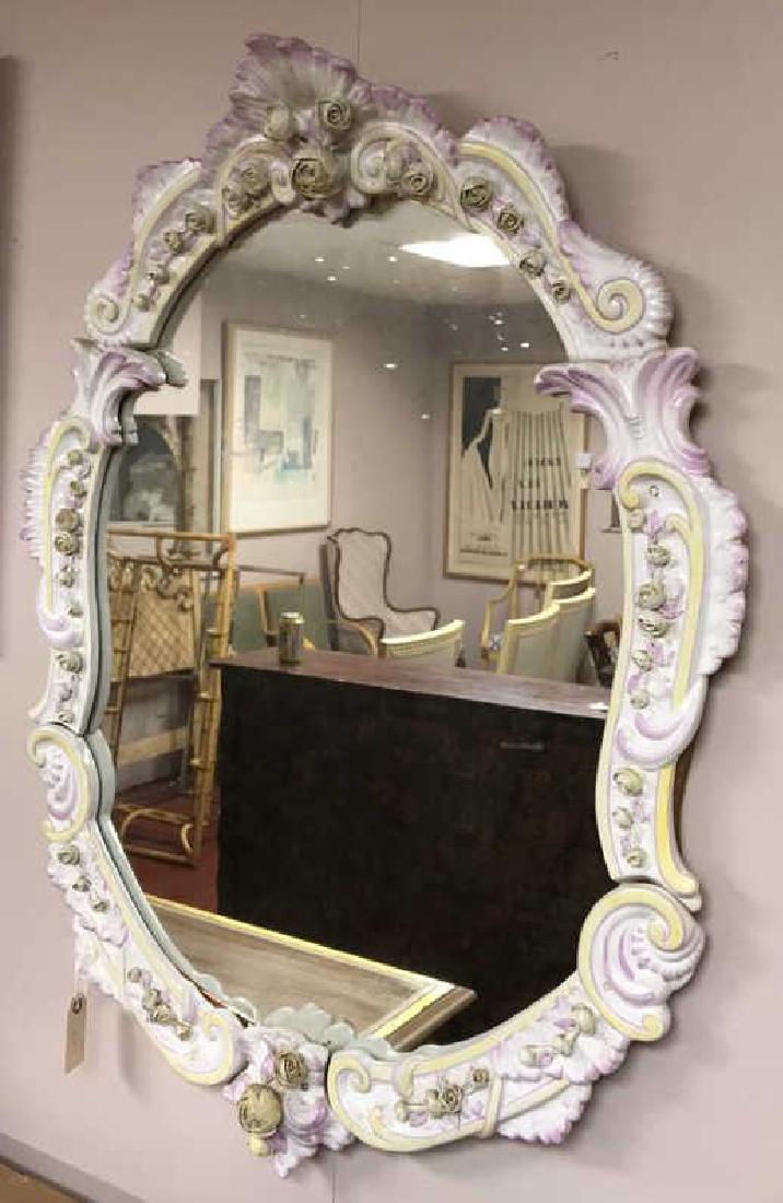 PORCELAIN MIRROR: Dimensions: H 37" x W 28.5" Condition: Few small chips to glaze.