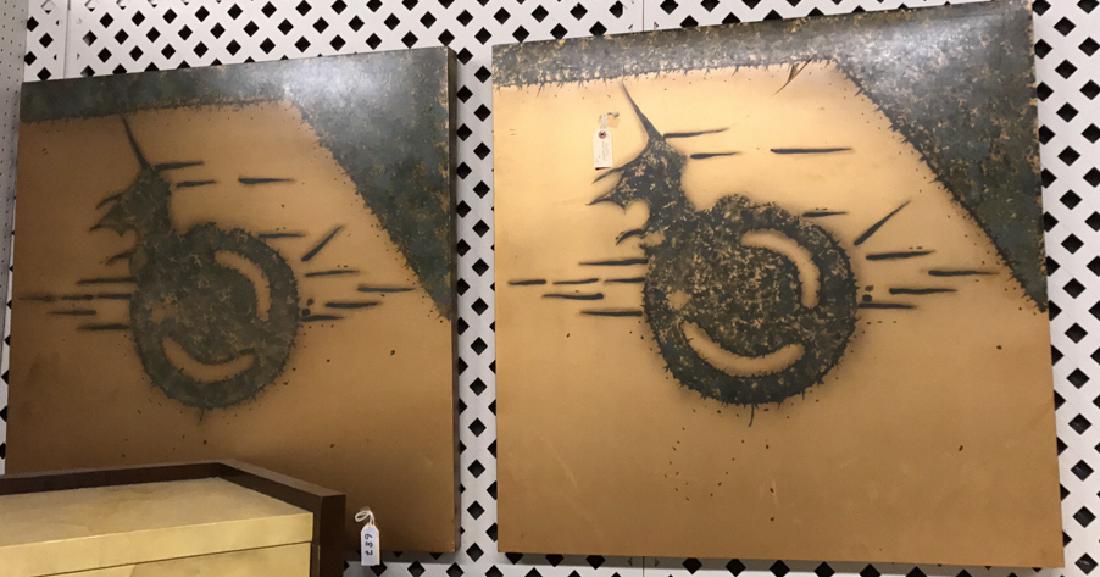 TWO METAL WALL ART: Dimensions: H 36.25" x W 36.25" Condition: Few light scratches and scuffs.