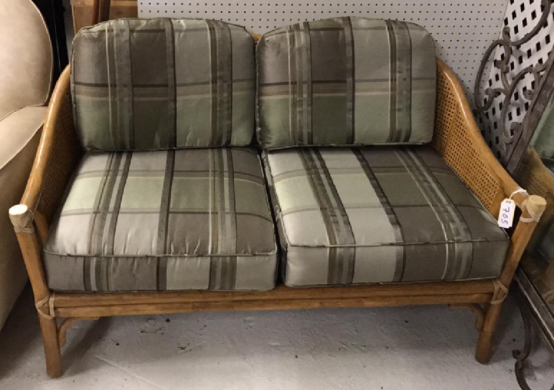 BAMBOO LOVESEAT: Dimensions: H 30.75" x W 51" x D 30.5" Condition: Nicks, dings, and scuffs to wood.