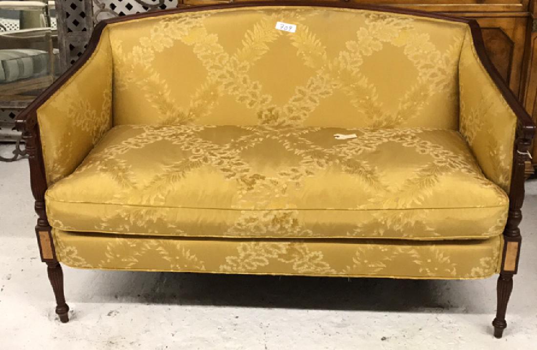 MAHOGANY LOVESEAT: Dimensions: H 33.5" x W 53.25" x D 29" Condition: Some nicks and dings to wood. Mild finish wear.