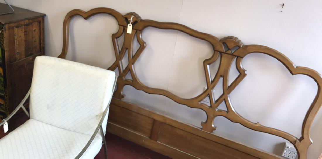 HEADBOARD AND CHAIR: Dimensions: (Headboard) H 46.25" x W 78.5" Condition: Some spots to chair upholstery and tarnish to frame. Few dings to headboard.
