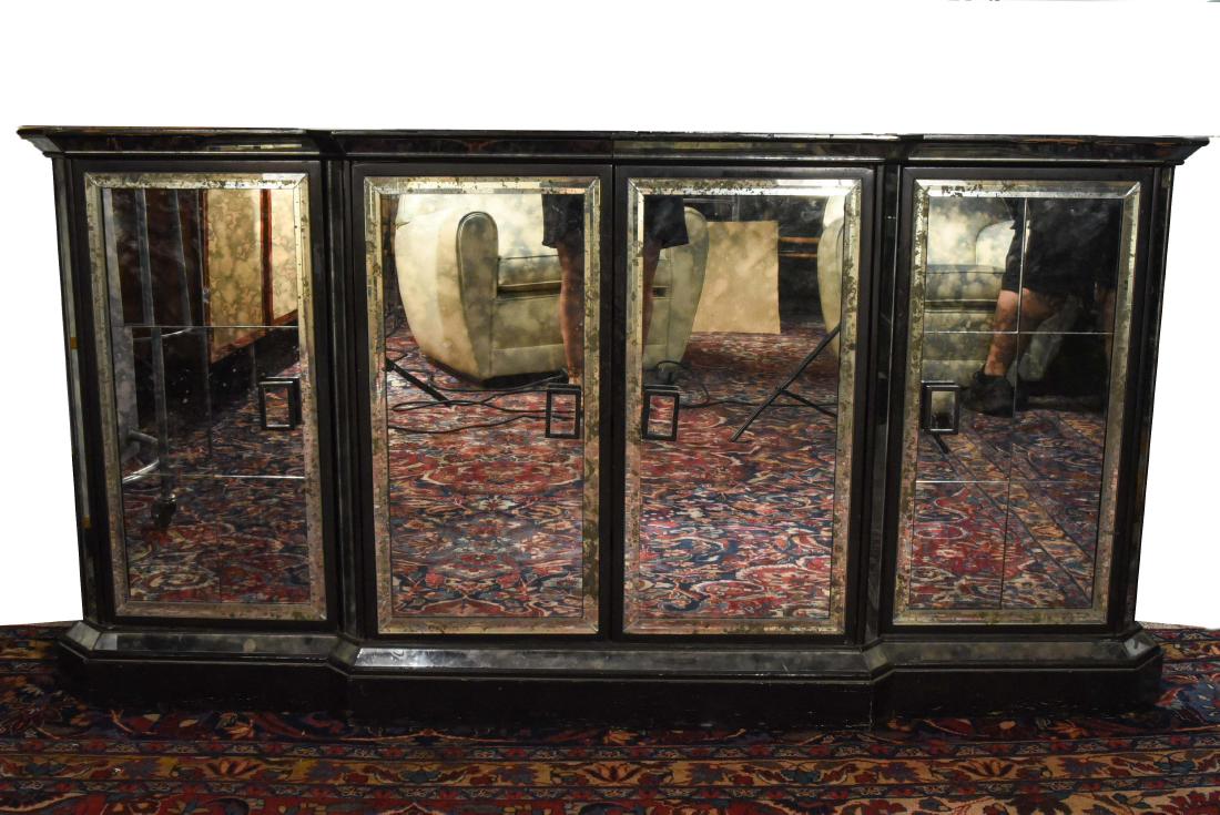 CUSTOM MIRRORED SIDEBOARD: Dimensions: H 36" x W 71.5" x D 19.75" Condition: Surface scratches to mirrored surfaces. Some paint chipping off.
