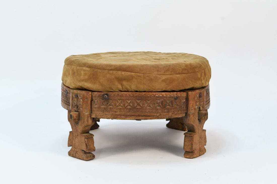 CARVED ANTIQUE WOODEN OTTOMAN W/ CUSHION (1 of 8)