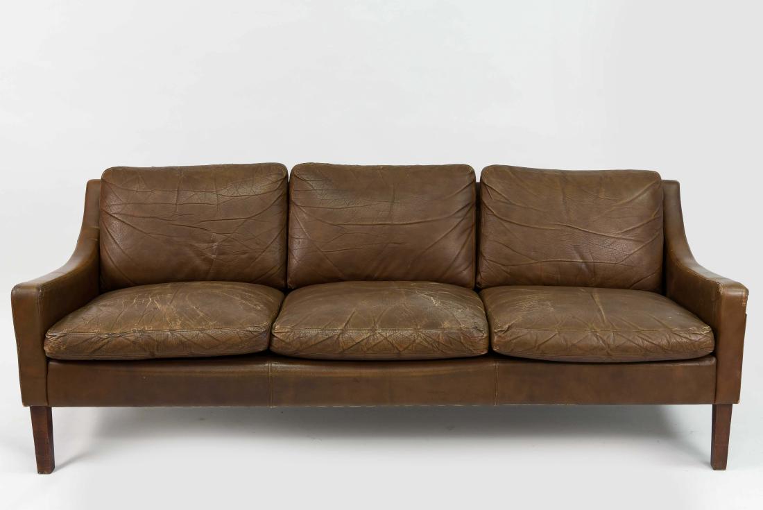 BORG MOGENSEN STYLE BROWN 3 SEATER SOFA: Dimensions: H 28" x W 74" x D 31"Condition: Vintage wear consistent with age and use.