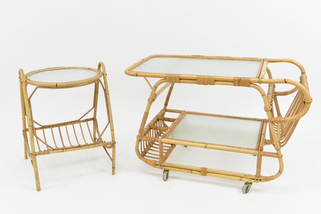 DANISH RATTAN AND GLASS BAR CART AND SIDE TABLE (1 of 12)