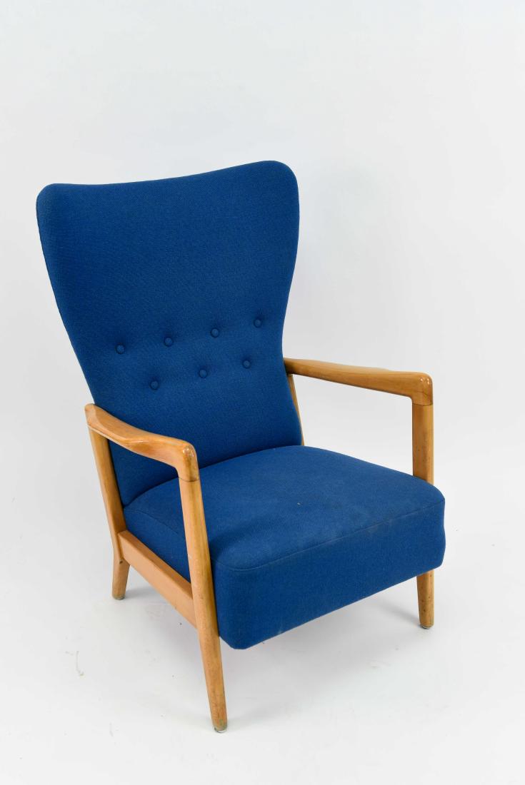 FRITZ HANSEN OPEN ARM CHAIR: Dimensions: H 39" x W 27" x D 25"Condition: Wear to upholstery consistent with use. Some scratches and dings to wood.