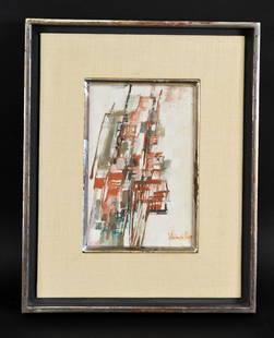 MARIA HELENA VIEIRA DA SILVA (FRENCH 1908-1992): Portuguese/French abstract painter.Oil on canvas, signed lower right and on verso dated, 1965 and inscribed to PORN JACK FEIR HATT, with a number #9357 on verso. Dimensions: (frame) H 12" x W 9.75" ;