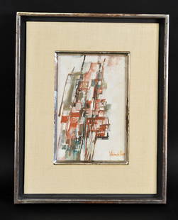 MARIA HELENA VIEIRA DA SILVA (FRENCH 1908-1992): Portuguese/French abstract painter.Oil on canvas, signed lower right and on verso dated, 1965 and inscribed to PORN JACK FEIR HATT, with a number #9357 on verso. Dimensions: (frame) H 12" x W 9.75" ;