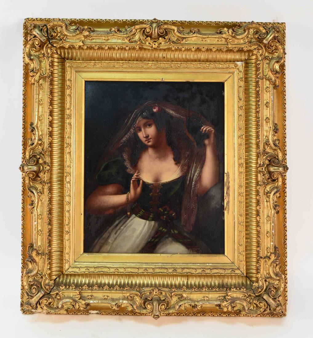 CONTINENTAL SCHOOL PORTRAIT OF LADY: Oil on tin, not signed, legible label on the verso and number 1186. Dimensions: (Frame) H 25" x W 22.5" (Tin) H 15" x W 12.25" Condition: Surface dirt.