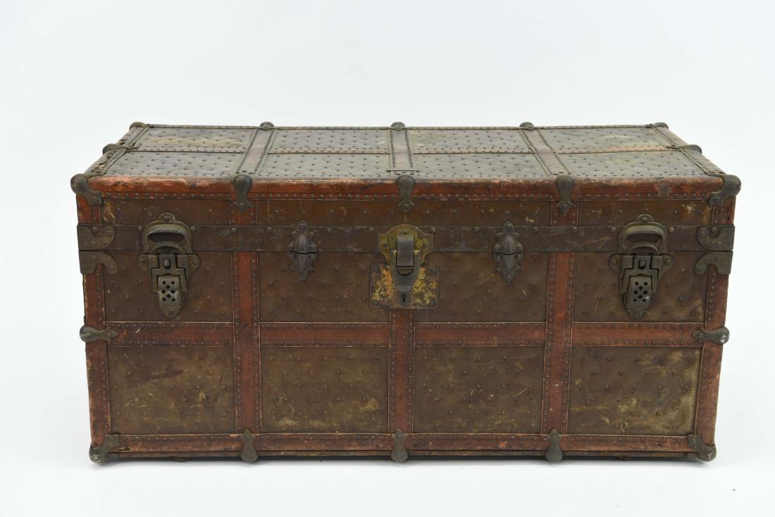 LEATHER AND HOB NAIL STEAMER TRUNK: Dimensions: H 18" x W 39" x D 18" Condition: Heavy wear, and loss to some leather needs a really good cleaning or restoration, As is.