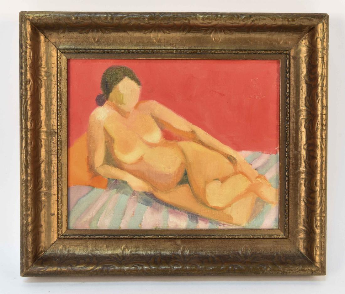 RECLINING CUBIST NUDE CONTINENTAL SCHOOL O/C: Unsigned. Dimensions: (Frame) H 12.25" x W 14.5" (Sight) H 8.25" x W 10.25" Condition: Craquelure to frame.