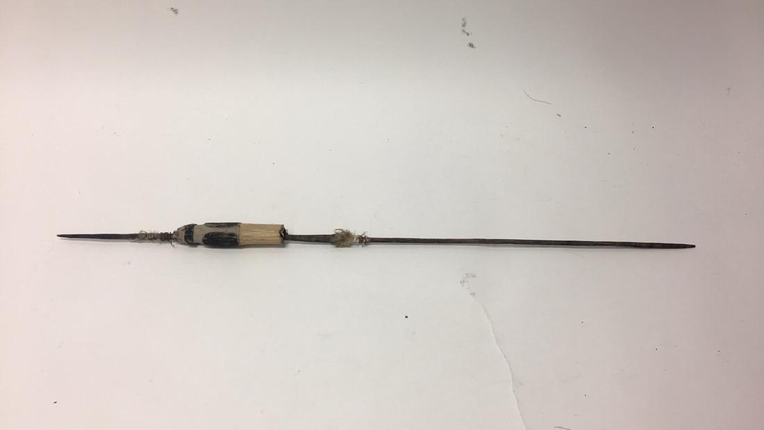 PRIMITIVE SPEAR: Dimensions: L 32.25" x Dia. 1" Condition: Wear consistent with outdoor exposure.