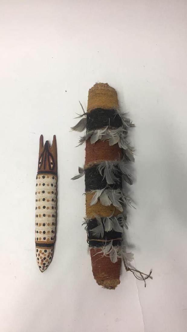 ABORIGINAL RITUAL OBJECT & WOODEN CATERPILLAR: Dimensions: (Larger) H 15.25" x Dia. 2.75" Condition: Wear throughout.