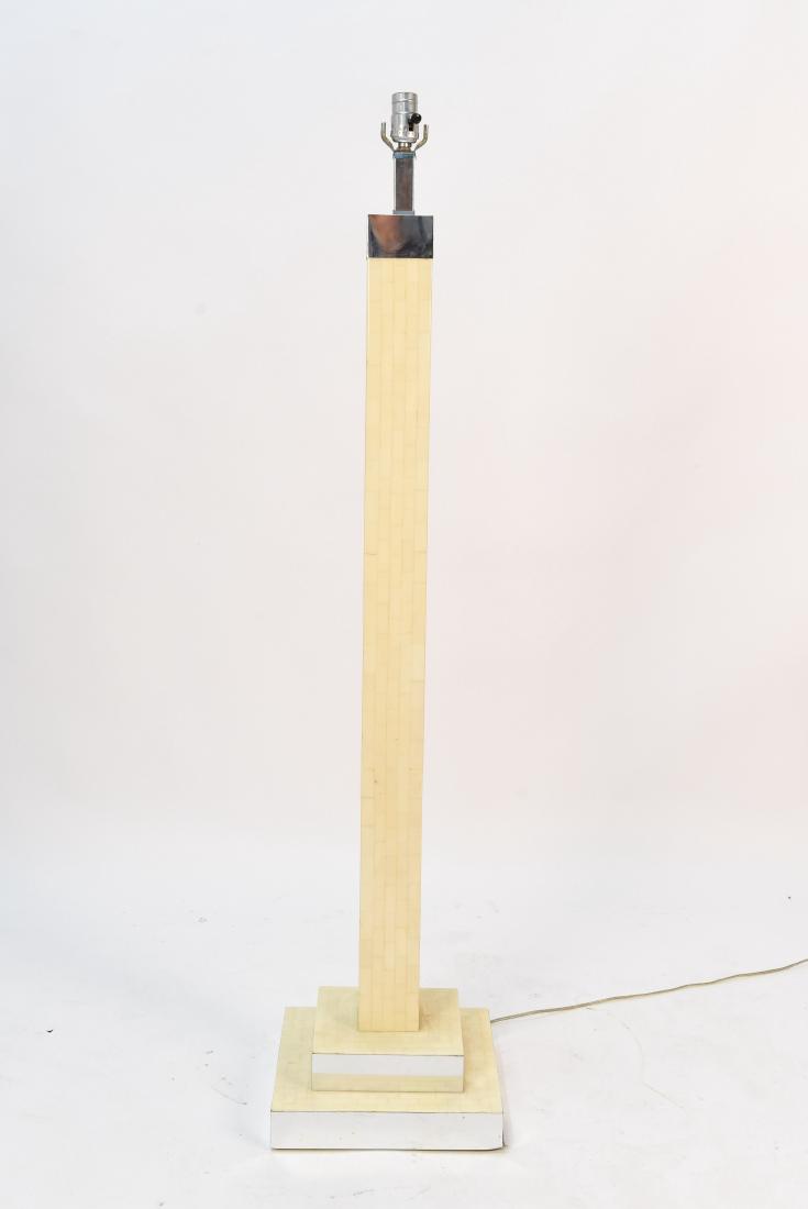 IN MANNER OF ENRIQUE GARCEL TESSELLATED BONE LAMP: Dimensions: H 52.5" x W 11.75" x D 11.75" Condition: Metal plating around base is peeling up in places. Few small scuffs. Not tested.