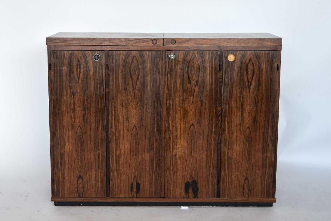 DYRLUND ROSEWOOD CABINET: Dimensions: H 31" x W 41" x D 14" Condition: Missing all , but one shelf. Missing one door pull and key. Moderate finish wear.