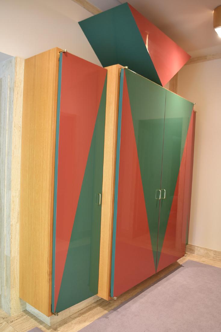 WARREN PLATNER CUSTOM DESIGNED BAR CABINET: Including wine cooler, ice machine, and fridge all in working order. Dimensions: H 118 x W 108.5" x D 26.75" Condition: Small bit of veneer loss. Some chipping to edges. Some light scuffing. Small imp