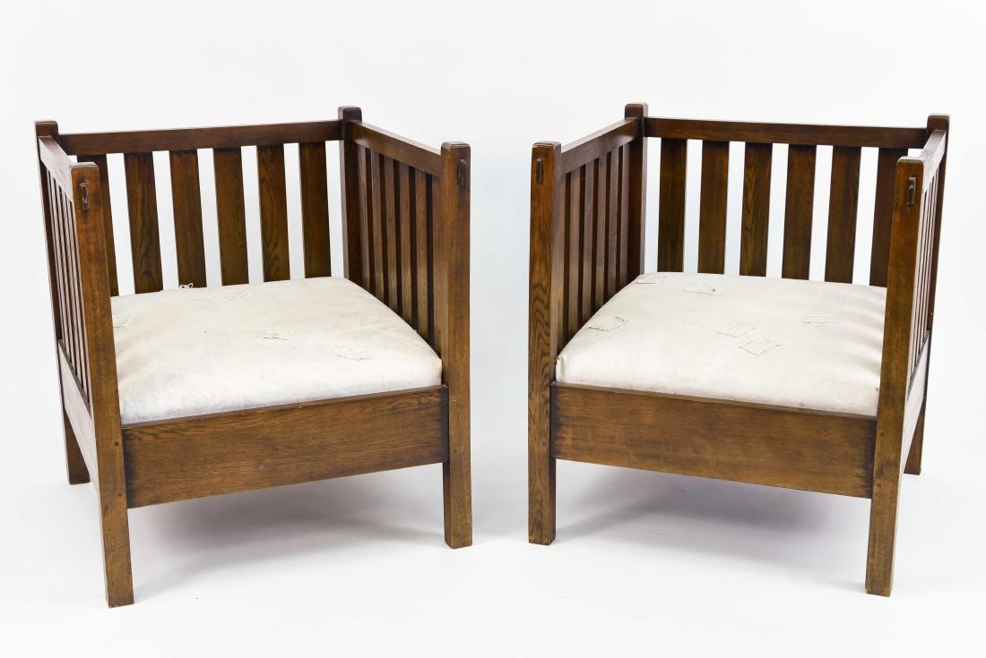 PAIR OF CONTEMPORARY MISSION OAK CHAIRS (1 of 6)