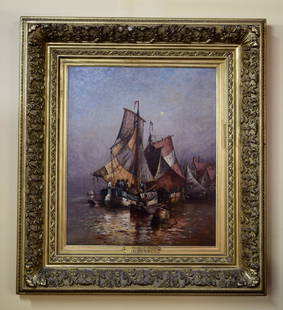 GEORGE BUNN (AMERICAN 1885-1898): "On The Elba", 1886. Oil on canvas, signed and dated lower right. Dimensions: (Frame) H 36.25" x W 32.5" (Sight) H 23.5" x W 19.5" Condition: Wear to frame.