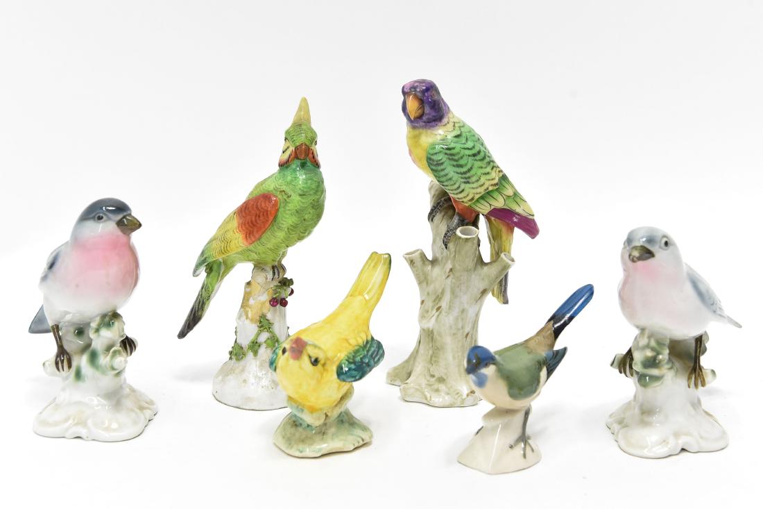 (6) PORCELAIN BIRDS INCL. CAPODIMONTE, MEISSEN: Two birds with Bavaria Germany Gerold & Co. markings. One bird stamped 3261 to the back. One bird with illegible blue numbers underneath. One bird with blue crossed swords resembling Meissen mark. One