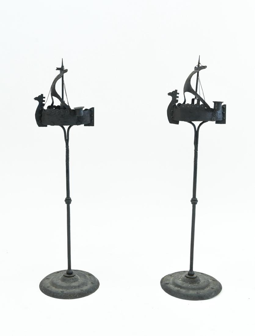 PAIR OF METAL VIKING SHIP STANDING ASHTRAYS: Dimensions: H 35.5" x D 9.5" Condition: Vintage wear consistent with age and use.