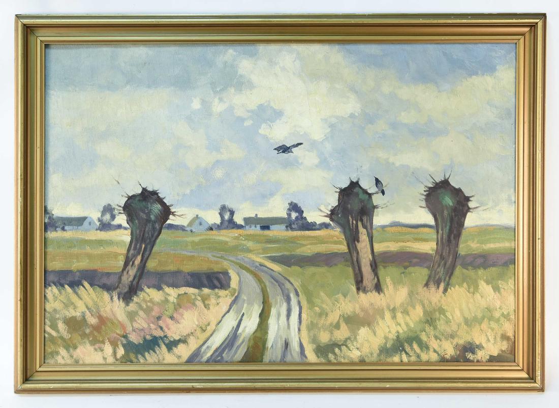 FRITZ JACOBSEN (COPENHAGEN 1914-): Untitled (farm landscape.) Oil on canvas. Signed to lower right. Dimensions: (Frame) H 29.25" x W 41" (Sight) H 24.75" x W 36.75" Condition: Surface cracks to the surface, nicks and dings to frame.