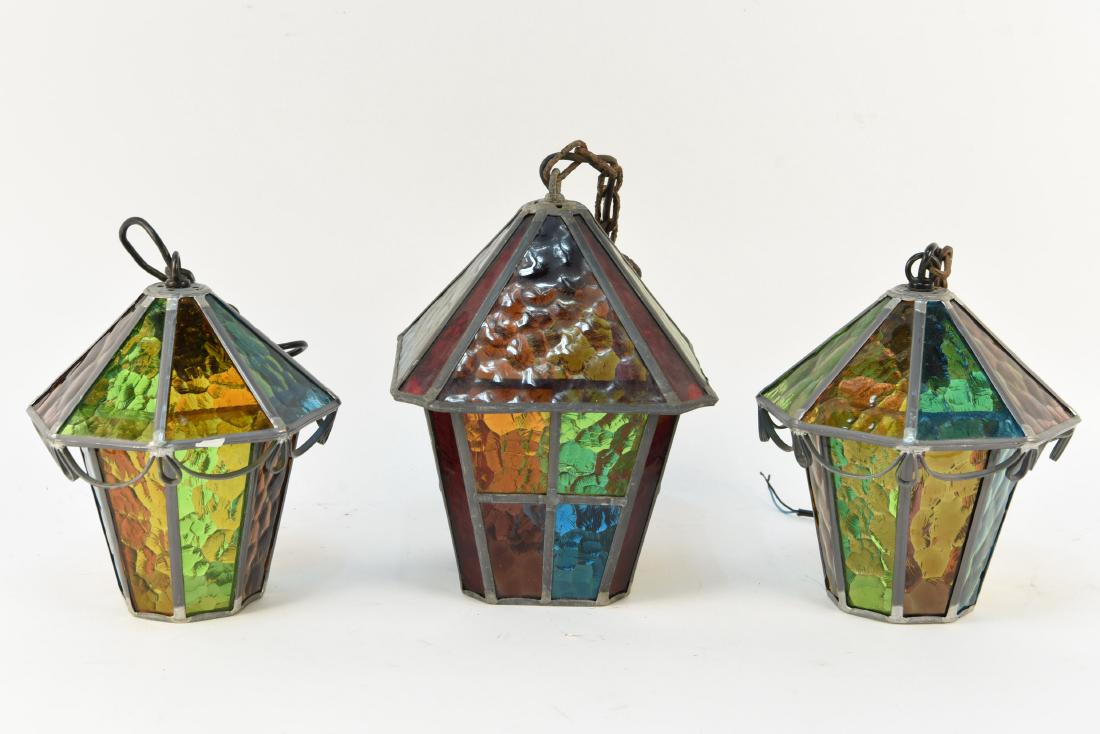 (3) MID-CENTURY DANISH LEADED GLASS PENDANT LIGHTS: Dimensions: (Largest) H 12.25" x W 8.75" x D 8.5" Condition: Need to be rewired. Rust to chains. S605 / S606