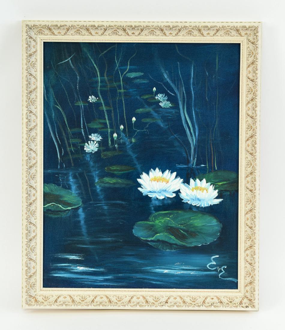 EVE (20TH CENTURY ARTIST) O/C: Lotus Flowers. Oil on canvas, signed lower right. Dimensions: (Frame) H 22.5" x W 18.5" (Sight) H 19.5" x W 15.5" Condition: No issues to note.