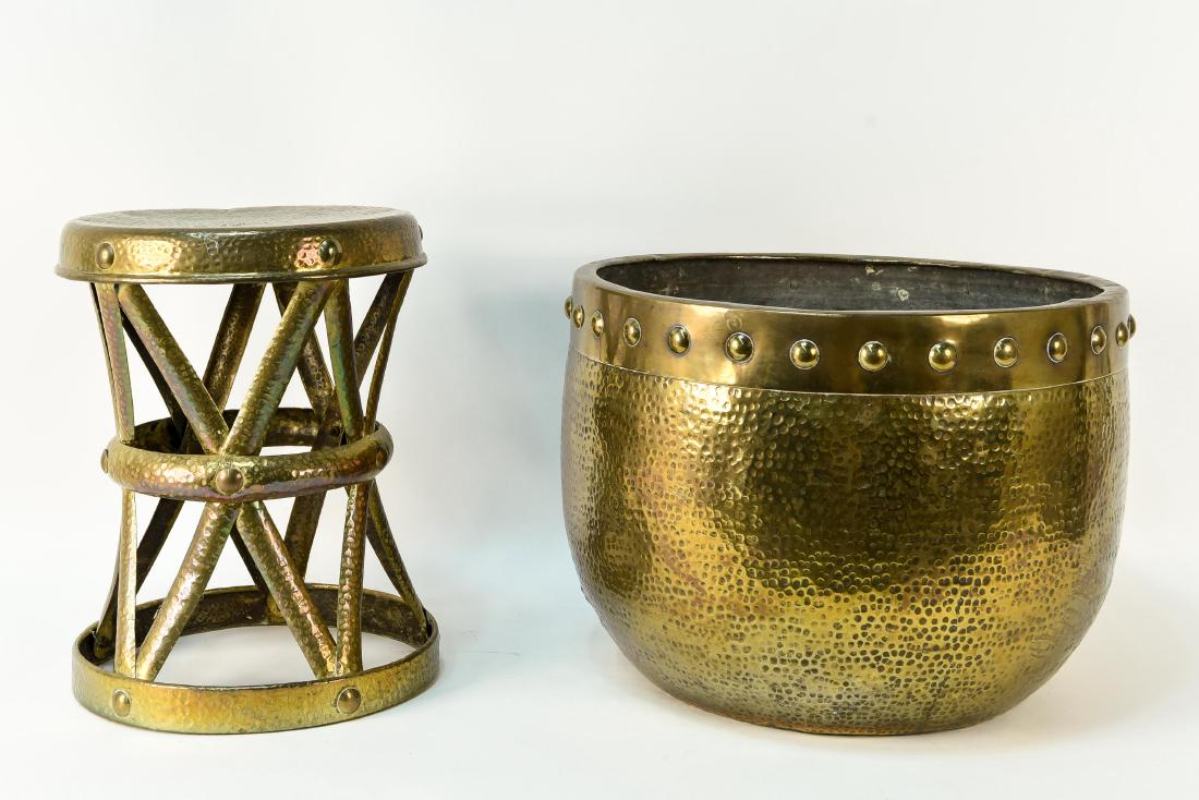 BRASS FIRE BIN OR JARDINIERE & STOOL (1 of 6)