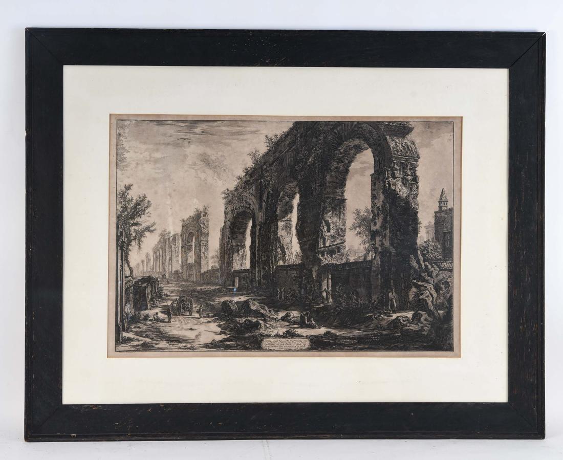 GIOVANNI BATTISTA PIRANESI (ITALY 1720 - 1778): "Avanzi degli Acquedotti Neroniani 48", 1775. "Forward to the Neronian Aqueducts that they wanted to destroy for their old age, but by order of N'ro. Mrs Pope Clement XIV have stood (Aquädukt Neros,