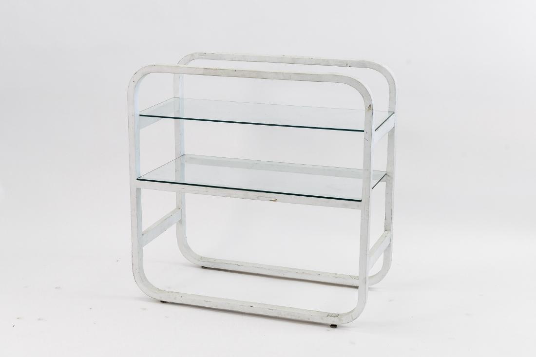 ALVAR AALTO GLASS TABLE: Dimensions: H 33.5" x W 33" x D 16.5" Condition: Marks, wear, and small losses to paint finish.