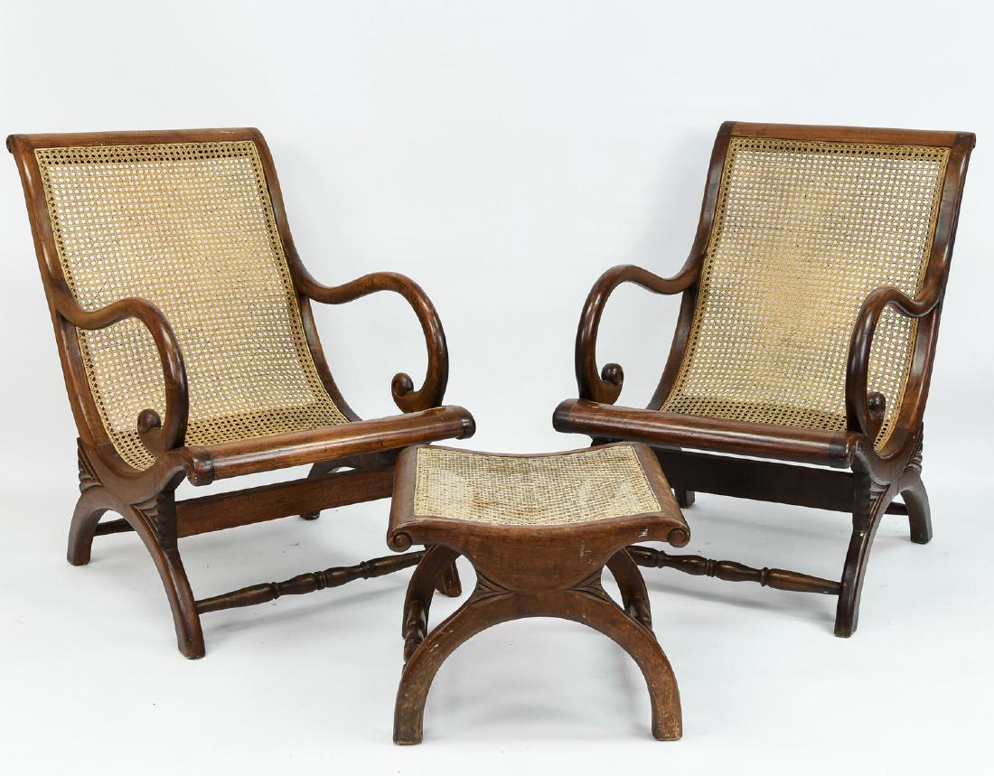 PAIR OF ANGLO-INDIAN CANE LOUNGE CHAIRS & OTTOMAN (1 of 11)