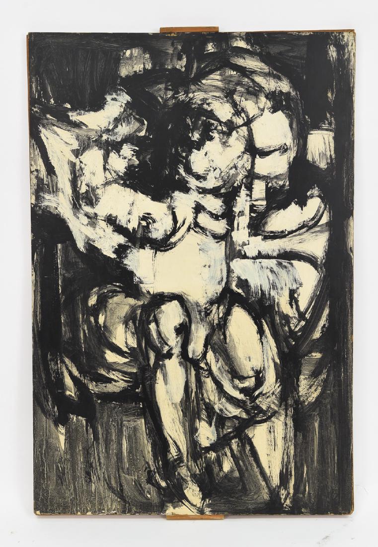 LEONARD BESSER (AMERICAN 1919- ): Untitled (abstract figure) Oil on board, not signed. Dimensions: H 48.25" x W 32" Condition: In some areas the painting has separated from the wooden frame.