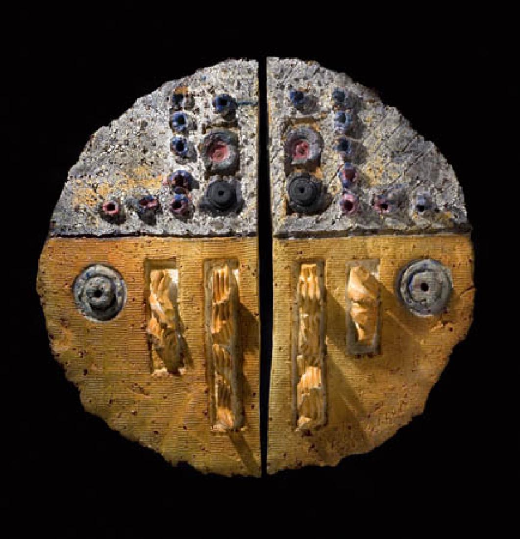 BARBARA SORENSEN (AMERICAN 1945-): "Shield W4-08". Stoneware, stones, and metal. Unique. Dimensions: H 31" x W 33" x D 7" Condition: No issues to note. CSORENSENB008 / C
